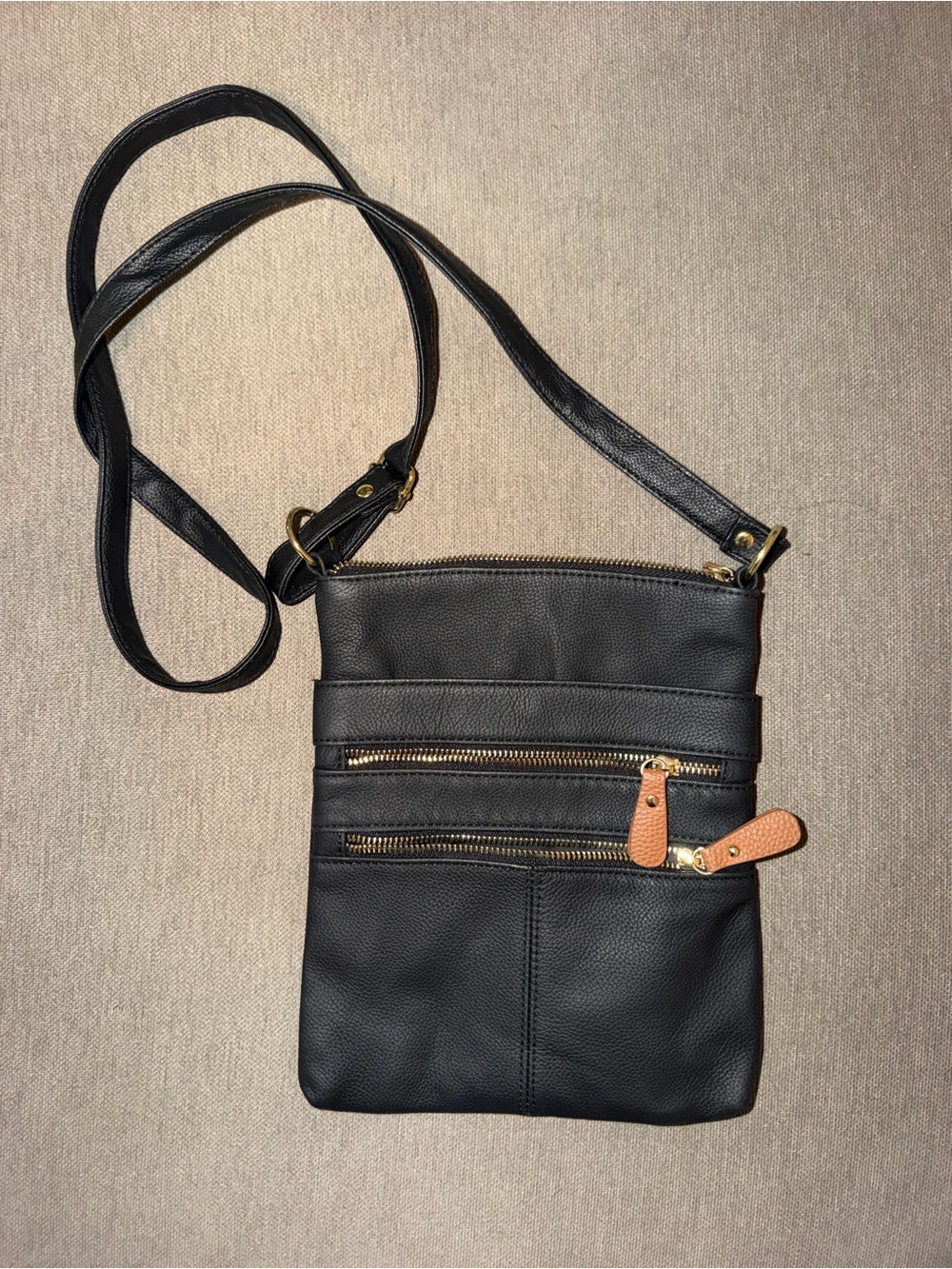 Vintage Black Crossbody Bag with Gold Hardware and Tan Pulls